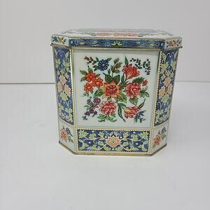 Designs by DAHER Asian Floral 8 Sided Hinged Tin England Tea Biscuit Container